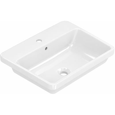 Hvid firkantet COBA-håndvask til nedfældning, 500 x 400 mm, set skråt ovenfra med hanehul og overløb.