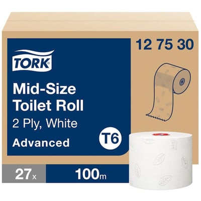 Karton med 27 ruller Tork Mid-Size toiletpapir, 2 lag, hvid, Advanced kvalitet, 100m, T6 systemet.