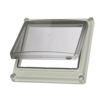 Fibox EK OGL24II-1 hængsellåg i grå polycarbonat, 280x280mm, med gennemsigtigt låg monteret på bundramme.