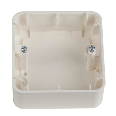 Heatcom underlag til vægmontering af termostat, hvid, med synlige skruer og indvendige monteringsdetaljer.