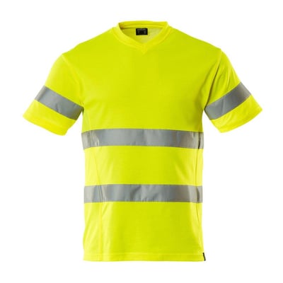 Mascot Safe T-shirt i hi-vis gul, str. S, med elastiske reflekser på bryst, ryg og ærmer. Fremstillet i 50% bomuld og 50% polyester med en vægt på 140g/m2.