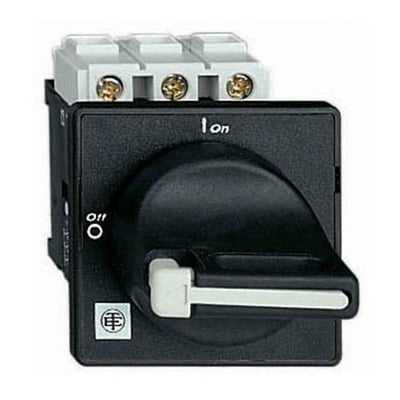 Schneider Electric TeSys Vario hovedafbryder 12A, 3P, vist fra siden med fokus på det sorte drejegreb og 'ON/OFF' indikatorer.
