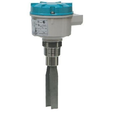 Siemens SITRANS LVS100 vibrationsgaffel switch i rustfrit stål og grå plast med blå top, 170mm lang.