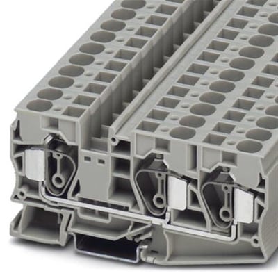 Detaljeret nærbillede af Phoenix Contact STTB 2,5-TWIN klemmen, der viser den interne fjedermekanisme og en 2,5mm² tilslutning.