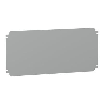 En ensfarvet grå montageplade i metal fra Schneider Electric, med mål på 300 x 600mm og udskæringer i hjørnerne.