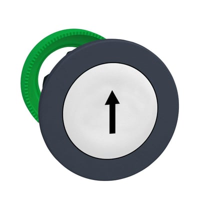 Schneider Electric Harmony XB5 flush trykknaphoved i hvid med sort pil-symbol og grøn monteringsring.