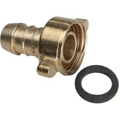 Slangestuds messing omløber med 3/8" BSPP gevind og 10 mm slangetilslutning, leveres med en sort pakning.