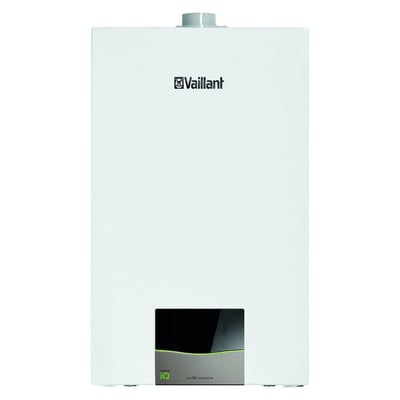 Frontbillede af Vaillant ecoTEC exclusive VC 20CS/1-7 I gaskedel, hvid med tydelig 'Green iQ' og 'ecotec exclusive' mærkning på frontpanelet.