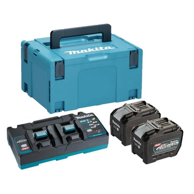 Komplet Makita batteripakke med turkis Makpack kuffert, sort og turkis dobbeltlader samt to sorte 8,0 Ah XGT 40V batterier.