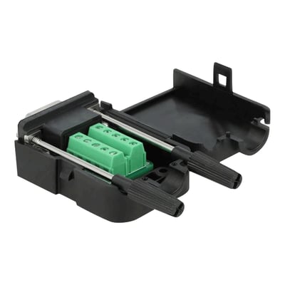 Delock adapter med Sub-D 9 pin hun til 10 pin terminalblok, åben for at vise grønne skrueterminaler og kabinet.