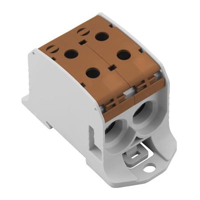 Weidmüller WPD 231 2X95/2X95 BN fordelerklemme med brunt cover og skrueterminaler på hvid baggrund.