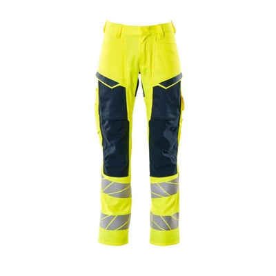 Mascot servicebukser 19579 i Hi-vis gul og mørkeblå, klasse 2 EN 20471 med reflekser.