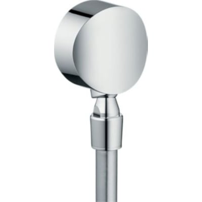 Nærbillede af Hansgrohe FixFit S slangeudtag, der viser det blanke krom og den funktionelle udformning med kugleled.