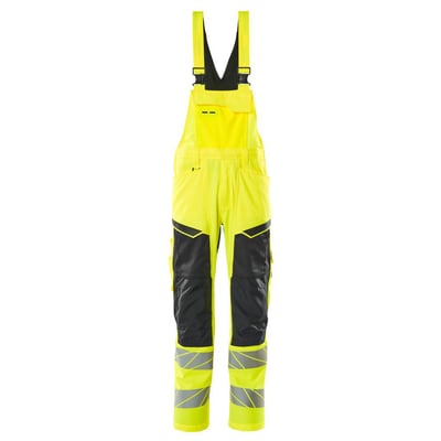 Mascot Hi-Vis overall 19569 i gul og sort med reflekser, str. 76C58, vist forfra på hvid baggrund.
