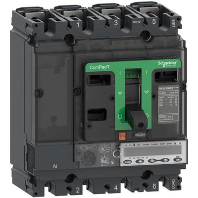 Schneider Electric ComPacT NSX250HB1 M62EM 3-polet maksimalafbryder med 220A, mørkegrå, med grønt betjeningsgreb og digitalt display.