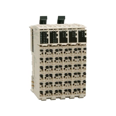 Schneider Electric TM5 udvidelsesmodul med 24 digitale indgange og 18 digitale udgange, 24VDC, montering på DIN-skinne.