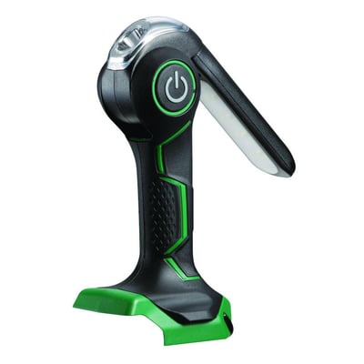 HiKOKI UB18DJL akku-arbejdslampe til 14,4-18 V med sort og grøn krop, drejeligt LED-lys og stor tændknap.