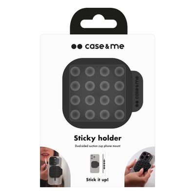 Case&Me Sticky holder, en sort dobbelsidet sugekop mobilholder i sin emballage med illustrationer af brug.