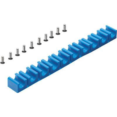 Festo KK-9 slangeklemliste i blå med ni rillede monteringsstifter i metal ved siden af.