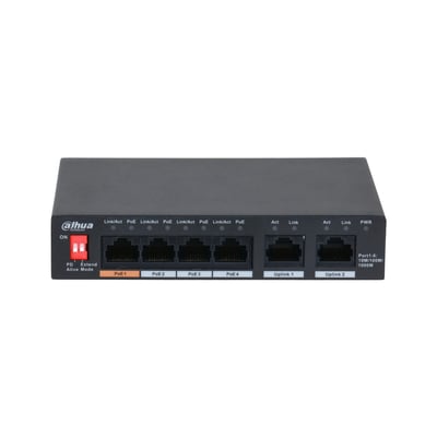 Dahua PFS3006-4GT-6 unmanaged Gigabit switch med 4 PoE-porte og 2 uplink-porte, vist forfra med statusindikatorer og en rød PD/Extend Alive Mode kontakt.