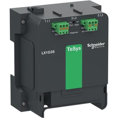 Schneider Electric TeSys Giga LX1G3S kontrolmodul til 3-polet kontaktor med 24-48V AC/DC spænding og grønne terminalblokke.