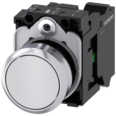 Siemens 22mm trykknap med blank metalramme og hvid, flad betjeningsknap, vist med fjederklemme og 1NO kontakt.