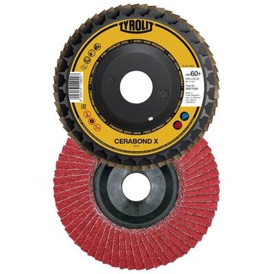 Tyrolit Cerabond X lamelrondel, 125mm, viser den røde slibeflade og sorte bagside med produktinformation.