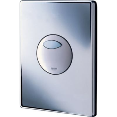 Grohe Surf betjeningsplade i krom finish, der viser den runde skylleknap og Grohe logoet tydeligt.