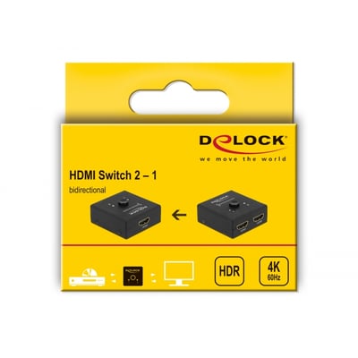 Gul DeLock-emballage til den sorte, bidirektionelle HDMI-switch med 2 porte og understøttelse af 4K ved 60 Hz.