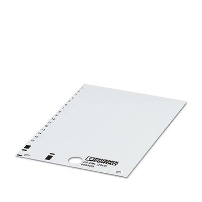 Phoenix Contact US-EML (20x8) mærkesystem, en hvid plastplade med sorte nummererede sektioner og logo.