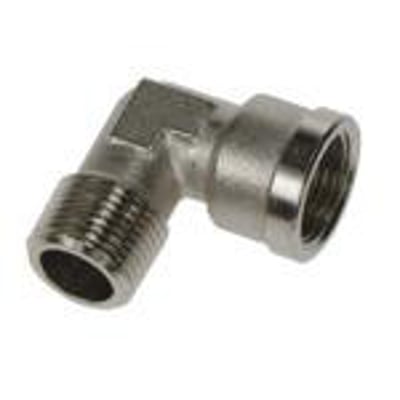 Parker Legris vinkelnippelmuffe 0913 med 3/8" udvendig BSPT og 3/8" indvendig BSPP gevind i forniklet messing.