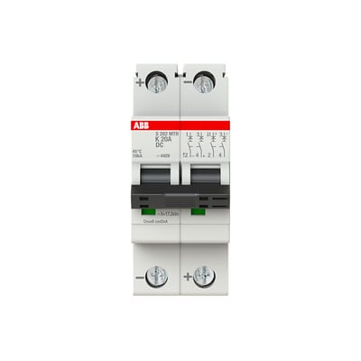 ABB S200MTR 2-polet DC-automatsikring på 20 A med K-karakteristik, set forfra med to vippekontakter og skrueterminaler.