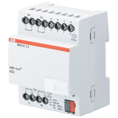 ABB KNX-vejrstation WS/S4.1.1.2 med fire kanaler, hvidt modulhus og synlige tilslutningsklemmer.