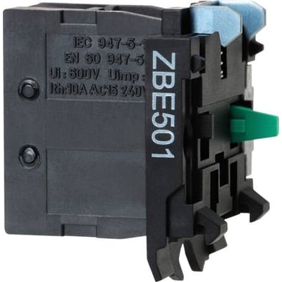 Schneider Electric kontaktelement ZBE501 med 1 NC+1NC konfiguration, viser skrueterminaler og IEC/EN standarder.