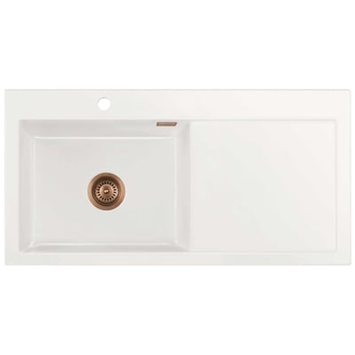 Oversigtsbillede af Lavabo Mera 100SL hvid keramikvask med venstre bakke og kobberfarvet afløb, vist med hanehul.