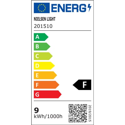 Energimærke F for Nielsen Light arkitektlampe, 9 kWh/1000h, med QR-kode og information fra 2019/2015.