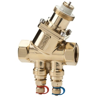 Detaljeret billede af Frese Optima Compact DN15 ventil, der viser messingkonstruktion og tilslutningsnipler med røde og blå markeringer.