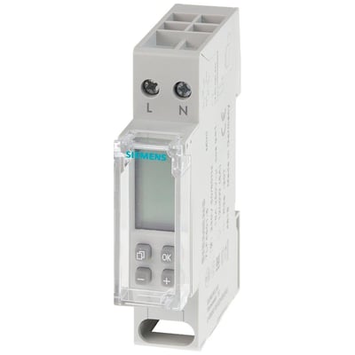 Siemens ugeur Mini Digital 7LF4501-5 til 230VAC med 1 kanal og 1 MW, grå med LCD-display og knapper.