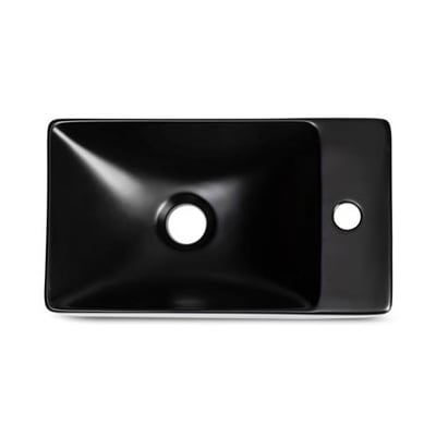 Firkantet håndvask i mat sort keramik, 38x22x10 cm, med hanehul til højre og uden overløb.