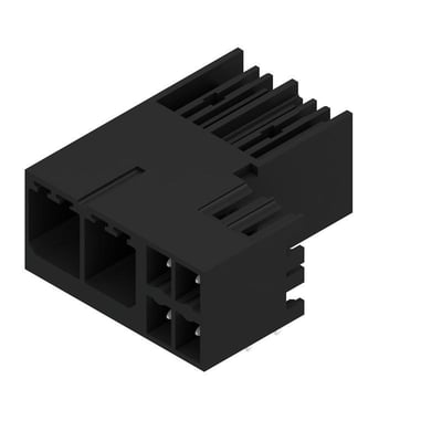 Sort Weidmüller hybrid-printpladeconnector med to poler og 7,62 mm afstand, set skråt forfra med tilslutningerne synlige.