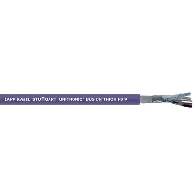 Lapp Unitronic Bus DN Thick FD Y kabel med en lilla ydre kappe, der viser den afskårne ende med flere ledere og afskærmning.
