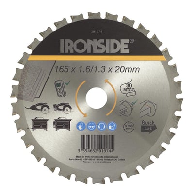 Ironside rundsavklinge til metal med sølvfarvet klinge, 30 tænder og sort-gul tryk; diameter 165 mm.