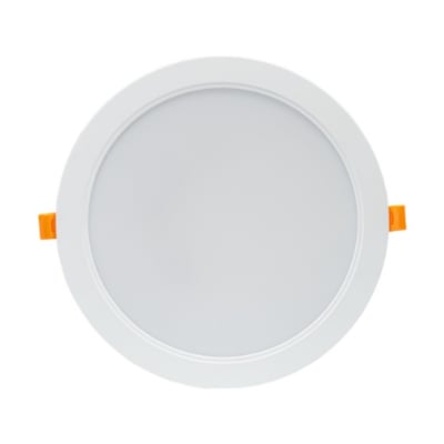 Rundt hvidt SpectrumLED 18 W LED-indbygningspanel med jævn lysflade og orange monteringsclips.