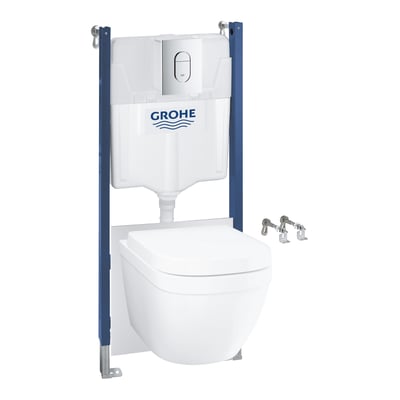 Detaljeret visning af Grohe Solido Euro Ceramic hængetoilet med indbygningscisterne, skylleknap og monteringsdele.