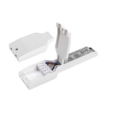 Åben SLV LED driver i hvid, viser terminalerne til ledningsføring og DALI-styring, 36W output.