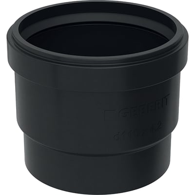 Sort Geberit PE-stikmuffe med læbetætning og diameter på 75 mm, set skråt forfra med den åbne muffe synlig.