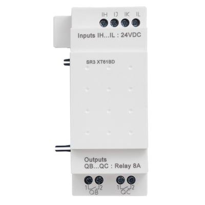Zelio udvidelsesmodul fra Schneider Electric, model SR3 XT61BD, med 24VDC indgange og relæudgange. Produktet er hvidt og monteringsklart.