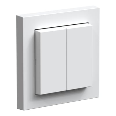 Hvid mat Ledvance kinetisk Zigbee-afbryder med fire knapper, set skråt forfra med kvadratisk ramme.