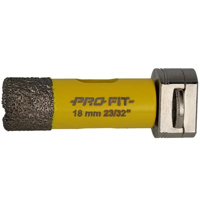 PRO-FIT diamanthulsav 18 mm, set fra siden, med tydelig gul branding og metalspids.