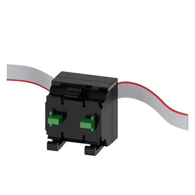 Sirius ACT terminalmodul med tryk og integreret gul LED, vist med et gråt og rødt kabel der går igennem.